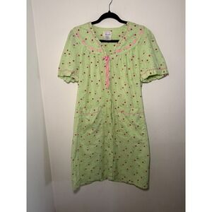 Vintage Bernette Green Nightgown Housecoat Pink Red Cherries Grannycore Whimsy M